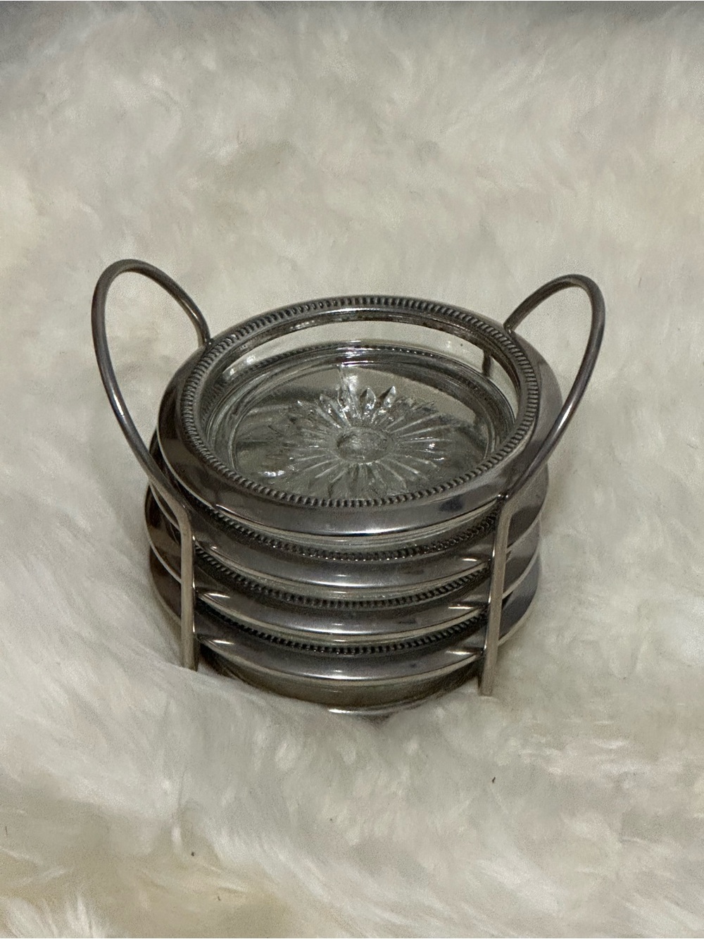 vintage silver-plated and glass coaster set of 4 -starburst design-storage caddy